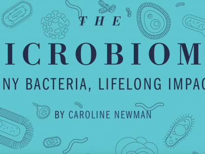 The Microbiome: Tiny Bacterial, Lifelong Impact (title with bacteria and parasites behind text)